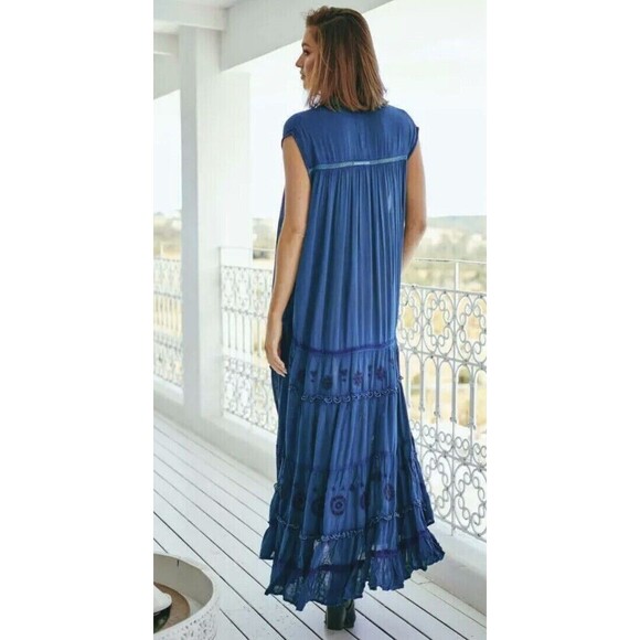 Free People Pretty Cozy Maxi Dress Buttondown Tiered Lace Embroidered XS 265211 - Picture 2 of 9